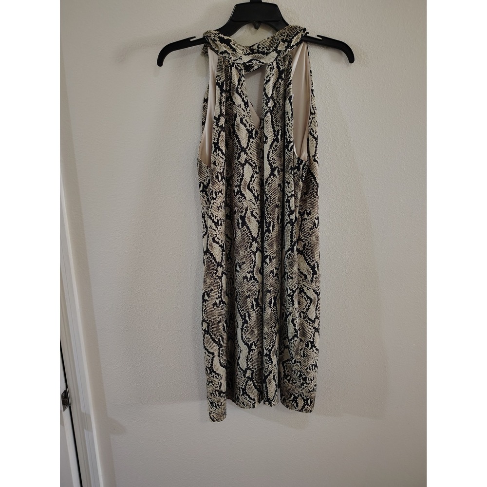 Mittoshop Womens Snakeskin Print Halter Neck Tie Back Mini Dress Tan Black Small